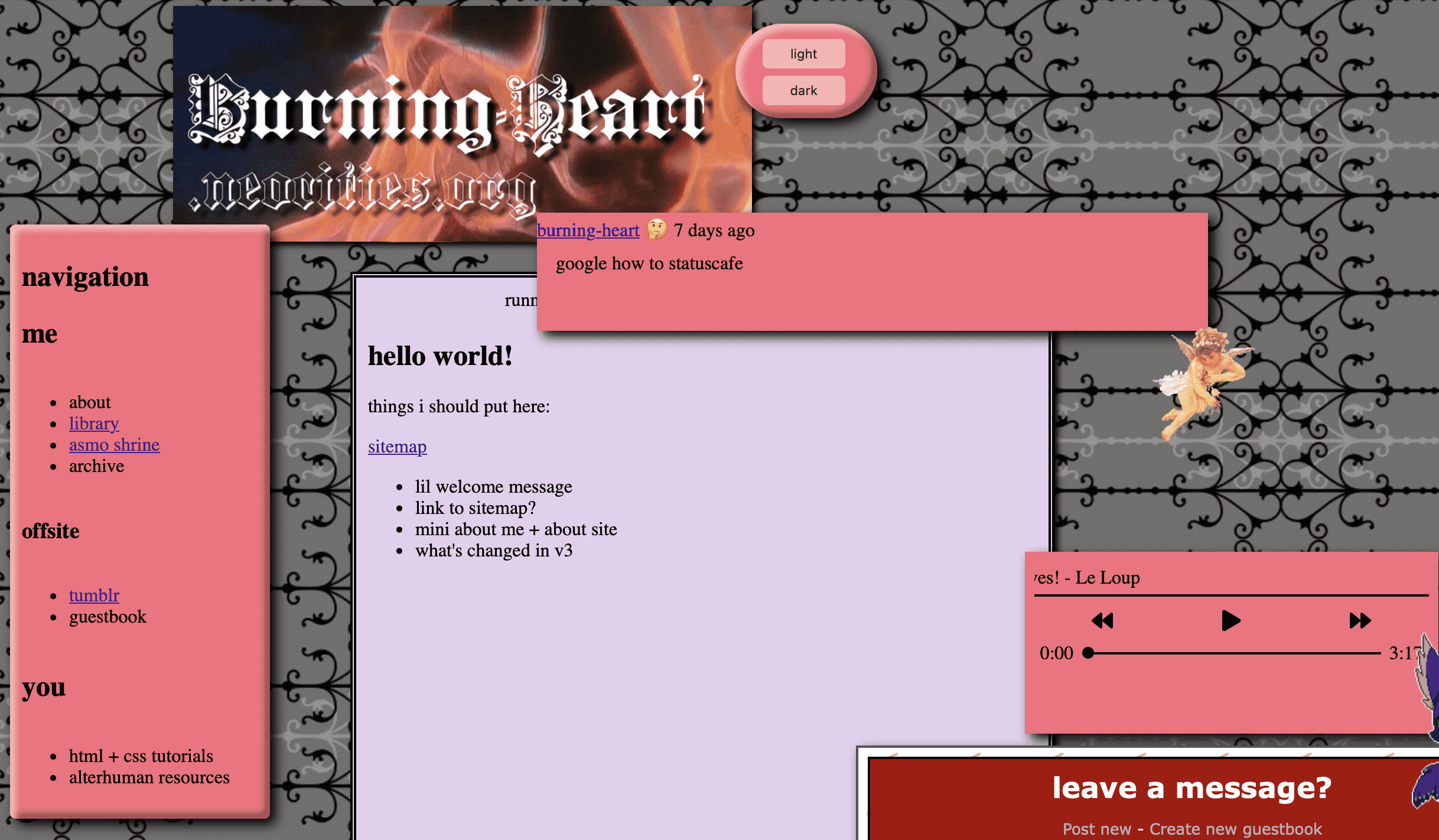 Site layout with a small header and several asides layered over the main, inlcuding a theme switcher. The site does not align to any clear grid.